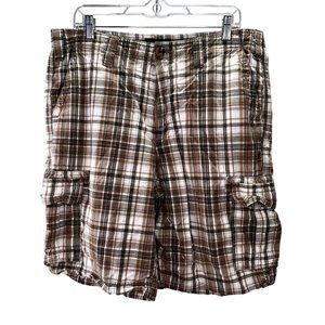 Eddie Bauer Plaid Cargo Shorts size 36 Men Tan Brown White